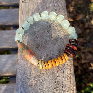 Fossilized Agate and African Recycled Glass Bracelet
