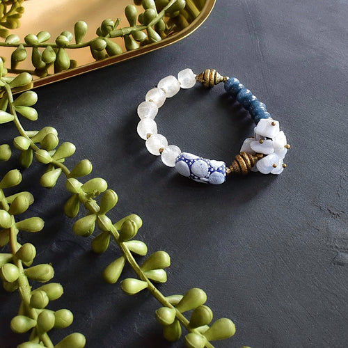 Blue Krobo and Lace Agate Cluster African Bracelet