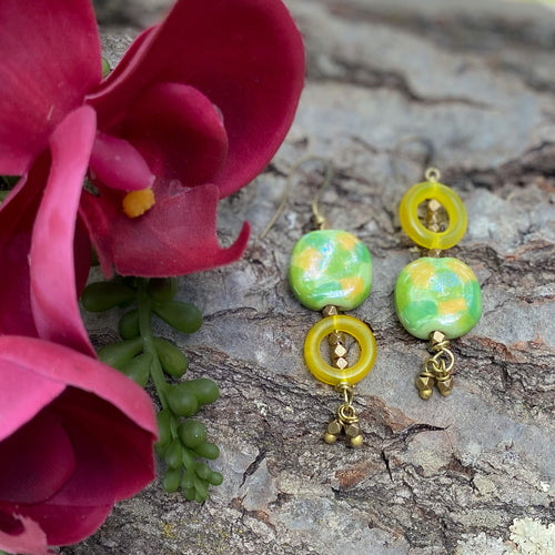 Yellow Kazuri and Brass Dangle Earrings