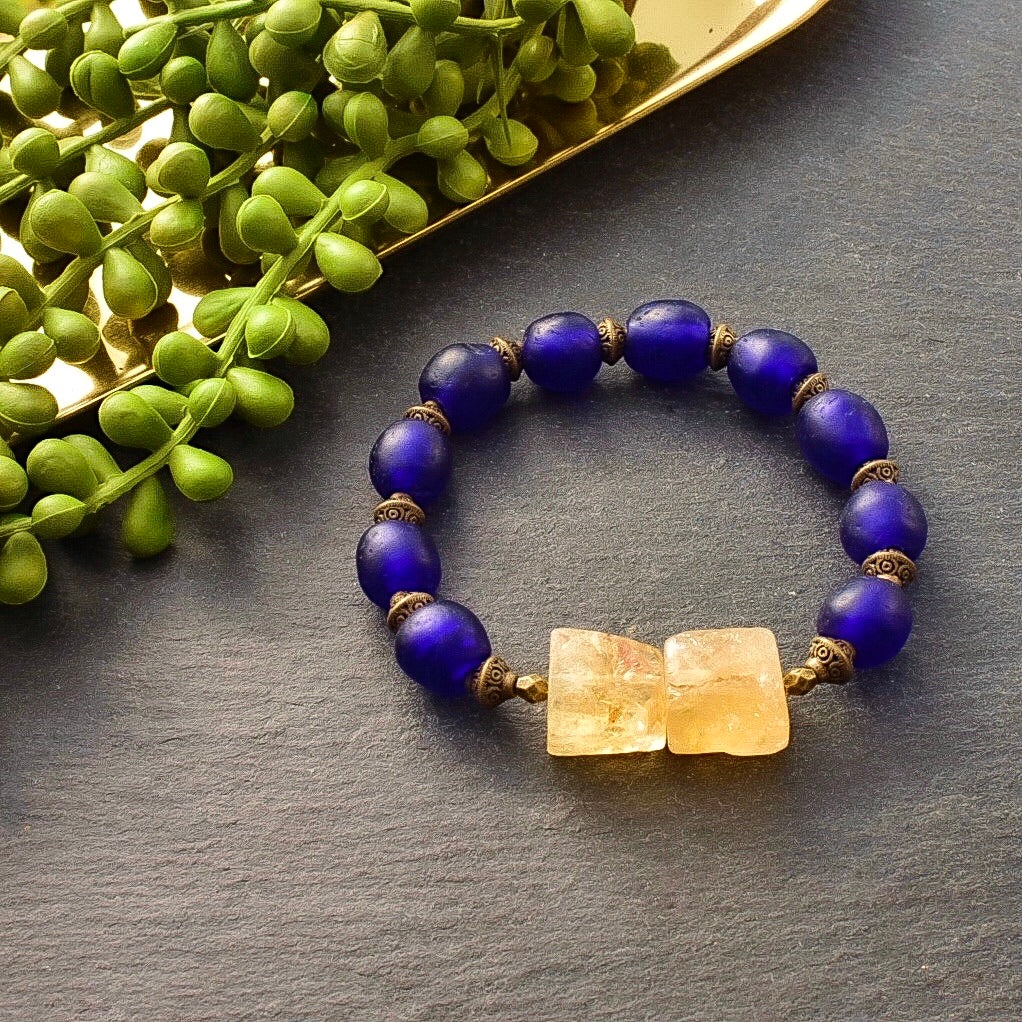 Citrine and Bright Blue Trade Bead Chunky Bracelet - Afrocentric jewelry