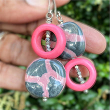 Load image into Gallery viewer, Pink and Grey Kazuri and Silver Dangle Earrings