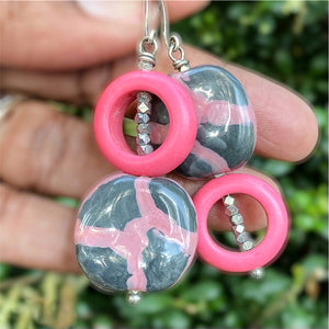 Pink and Grey Kazuri and Silver Dangle Earrings