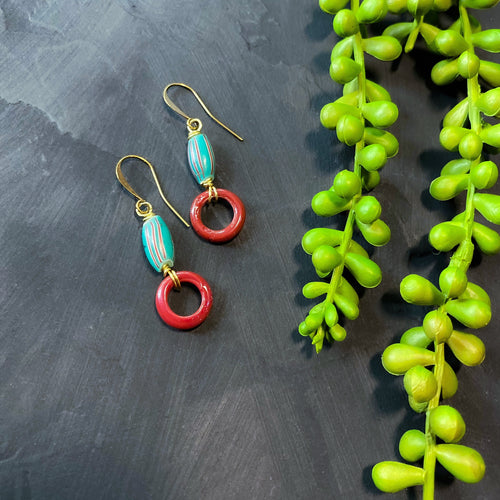 Teal and Red Antique African Beaded Earrings