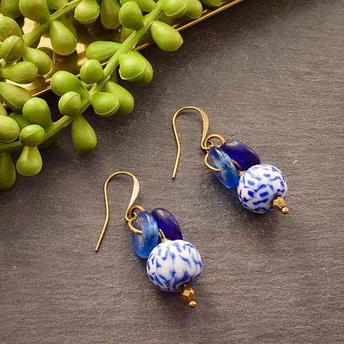 Blue Lantern Recycled Glass Earrings - Afrocentric jewelry
