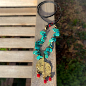 Turquoise, Coral, and Leather Ashanti Brass Necklace