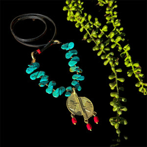 Turquoise, Coral, and Leather Ashanti Brass Necklace
