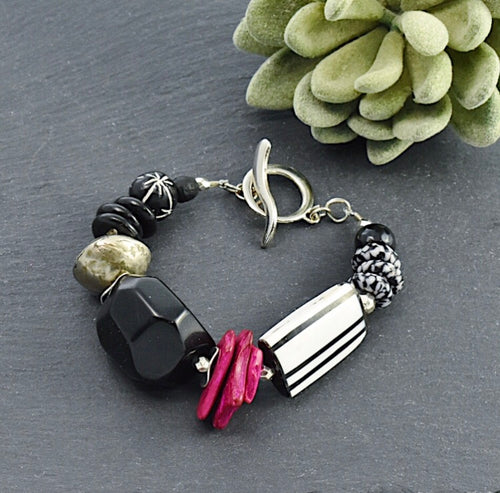 Black, Pink, and White Tagua Toggle Bracelet - Afrocentric jewelry