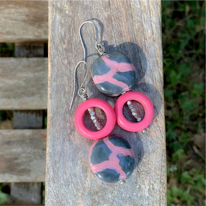 Pink and Grey Kazuri and Silver Dangle Earrings