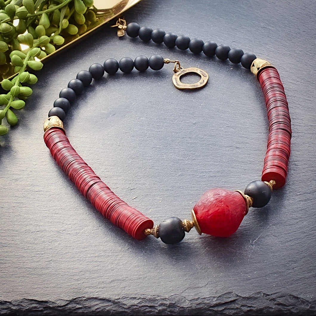 Red and Black Recycled Vintage African Vinyl Statement Necklace - Afrocentric jewelry