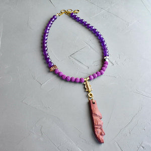Purple and Wood African Mask Necklace
