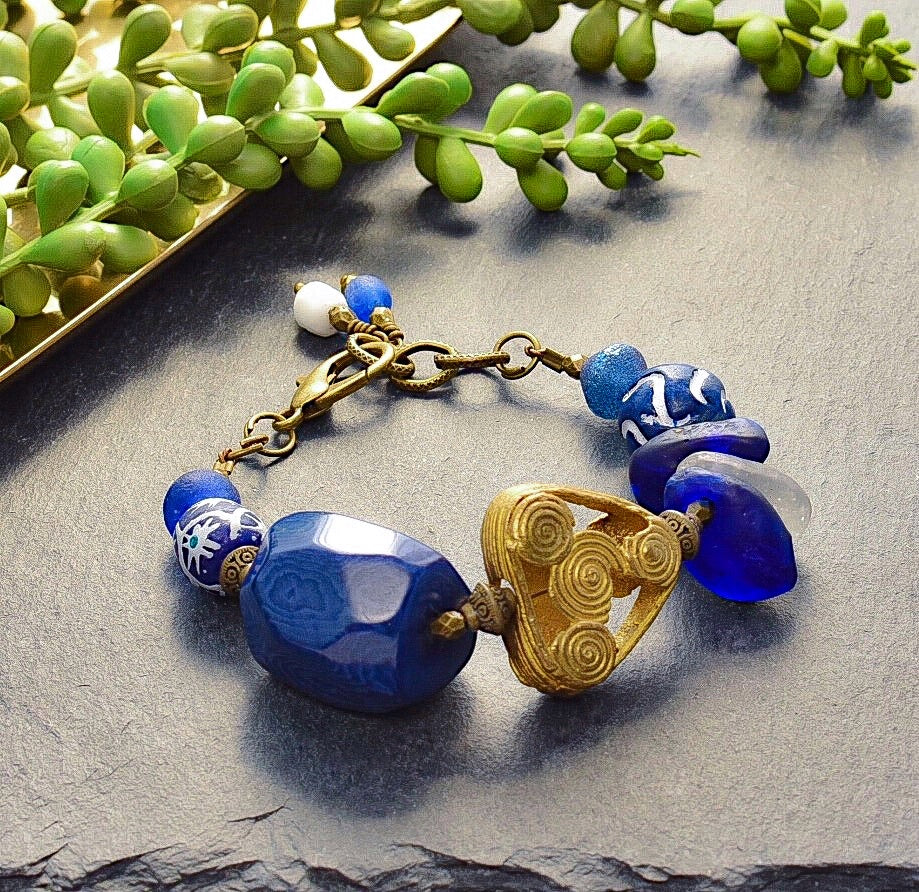 Navy Blue African Trade Bead and Tagua Toggle Bracelet - Afrocentric jewelry