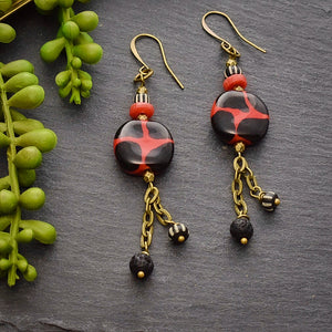 Red and Black Kazuri African Brass Dangle Earrings - Afrocentric jewelry
