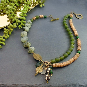 Green Prehnite and Recycled Glass Afrobohemian Necklace - Afrocentric jewelry