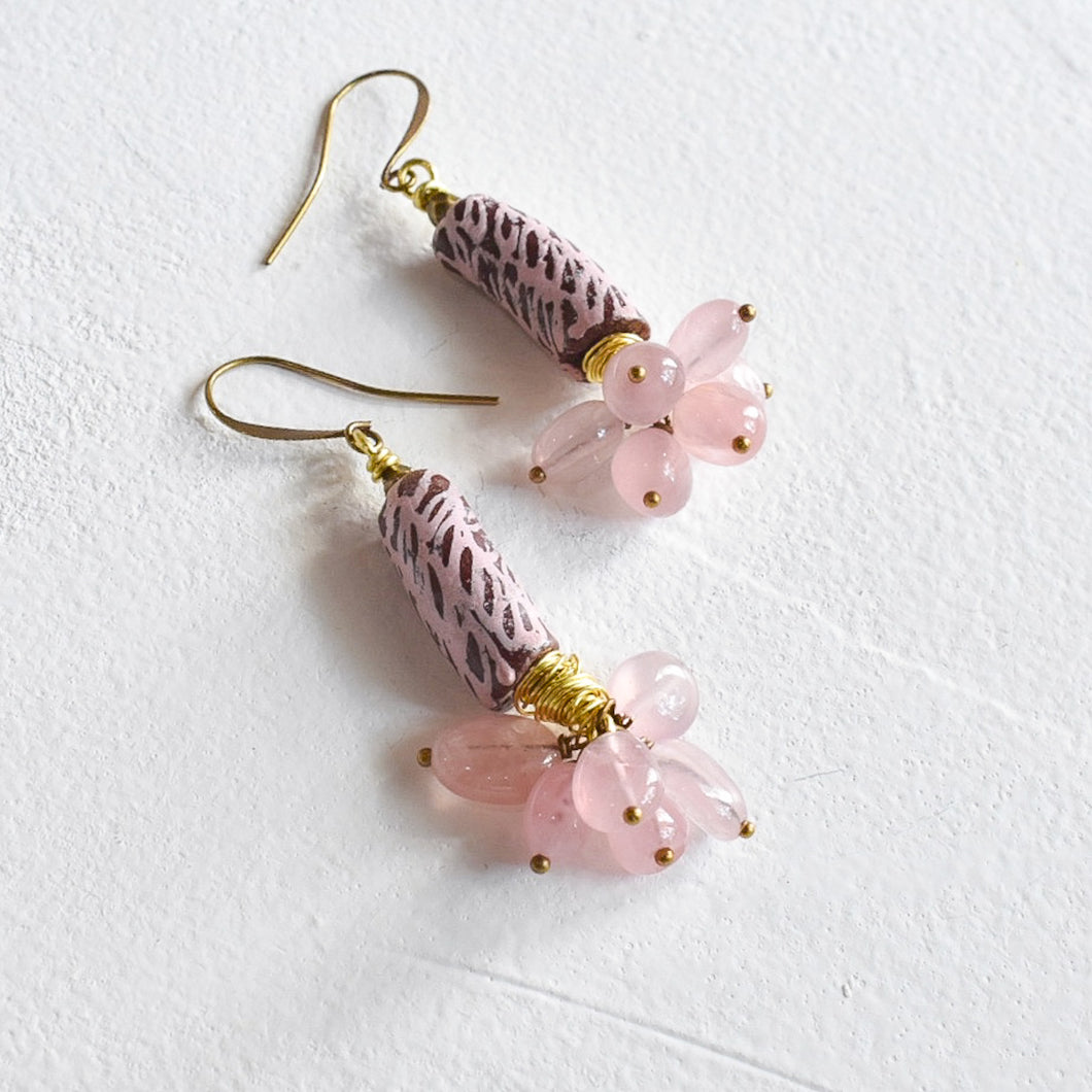 Brown Krobo and Rose Quartz Dangle Earrings