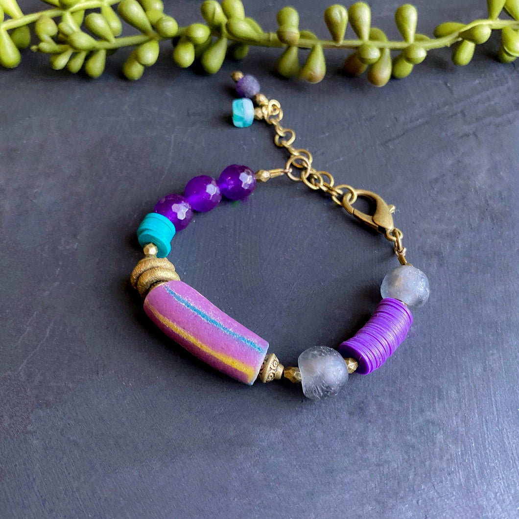 Purple and Teal African Beaded Toggle Bracelet