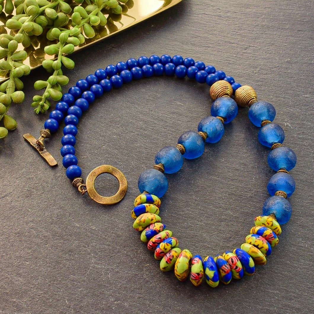 Blue and Green Recycled Glass Necklace - Afrocentric jewelry