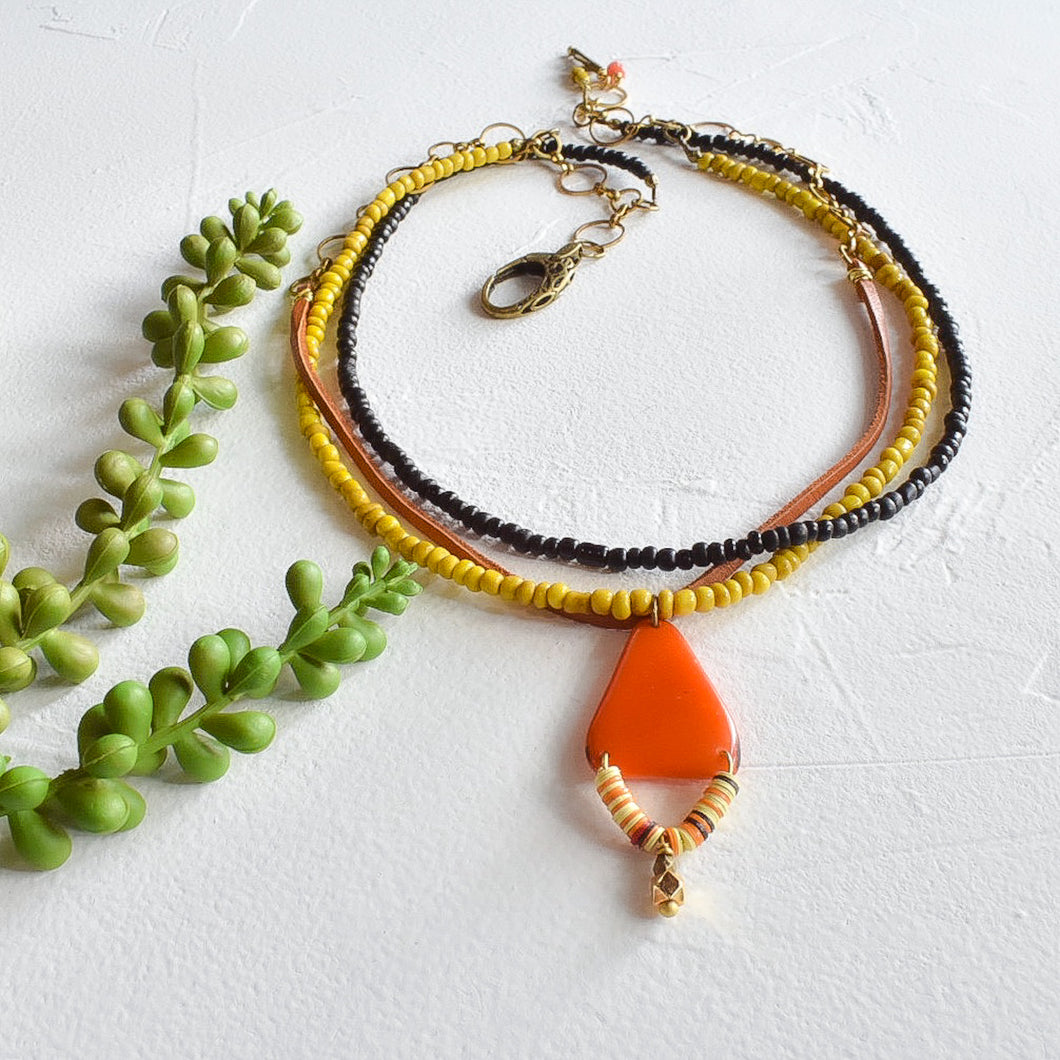 Orange and Yellow Tagua and Suede Multi-strand Necklace