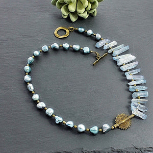 Blue Quartz and Fresh Water Pearl Ashanti Brass Statement Necklace - Afrocentric jewelry