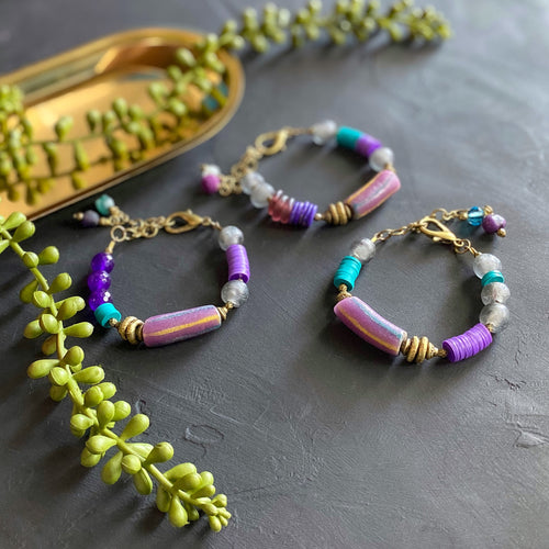 Purple and Teal African Beaded Toggle Bracelet