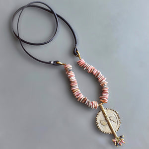 Rhodonite and Leather Ashanti Brass Necklace
