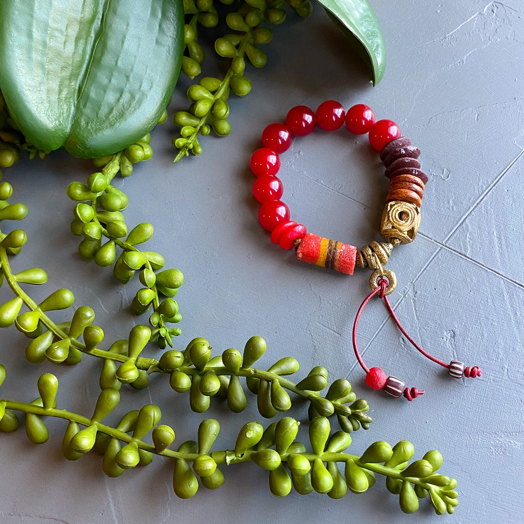 Tethered Red African Bead and Leather Bracelet