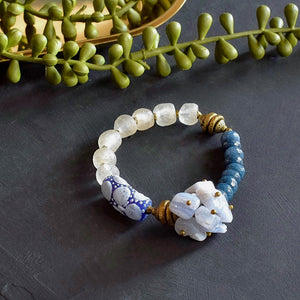 Blue Krobo and Lace Agate Cluster African Bracelet