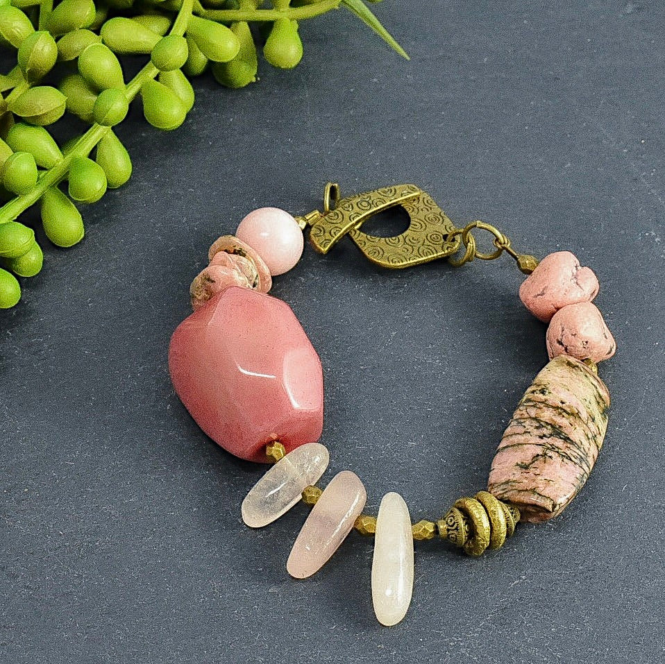 Rhodonite, Rose Quartz, African Bead, and Tagua Toggle Bracelet - Afrocentric jewelry