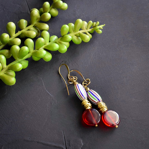 Blue, Red and Green Antique African Earrings