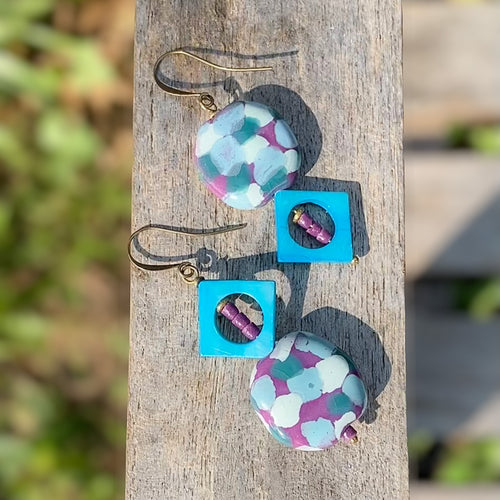 Purple and Blue Kazuri and Geometric Earrings