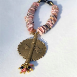 Rhodonite and Leather Ashanti Brass Necklace
