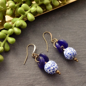 Blue Lantern Recycled Glass Earrings - Afrocentric jewelry