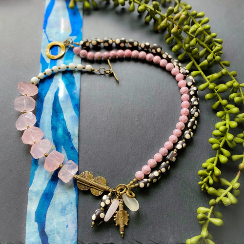 Rose Quartz and Pink Polka Dot Afrobohemian Necklace