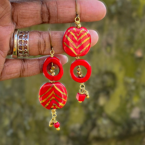 Red Kazuri and Coral Dangle Earrings