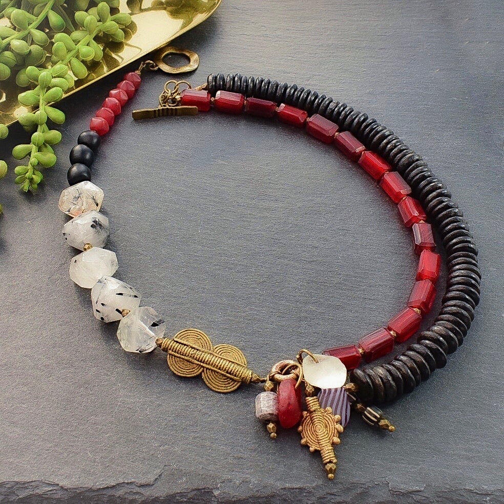 Red Rutilated Quartz Afrobohemian Necklace - Afrocentric jewelry