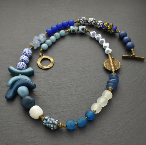 Blue Tagua and African Bead Structural Seasonal Necklace - Afrocentric jewelry