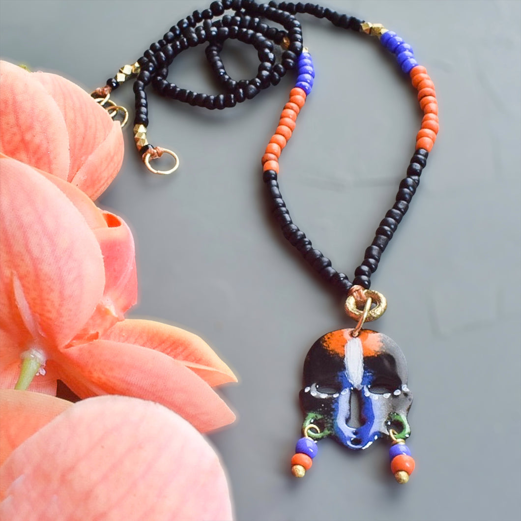Black and Blue and Orange African Mask Layering Necklace