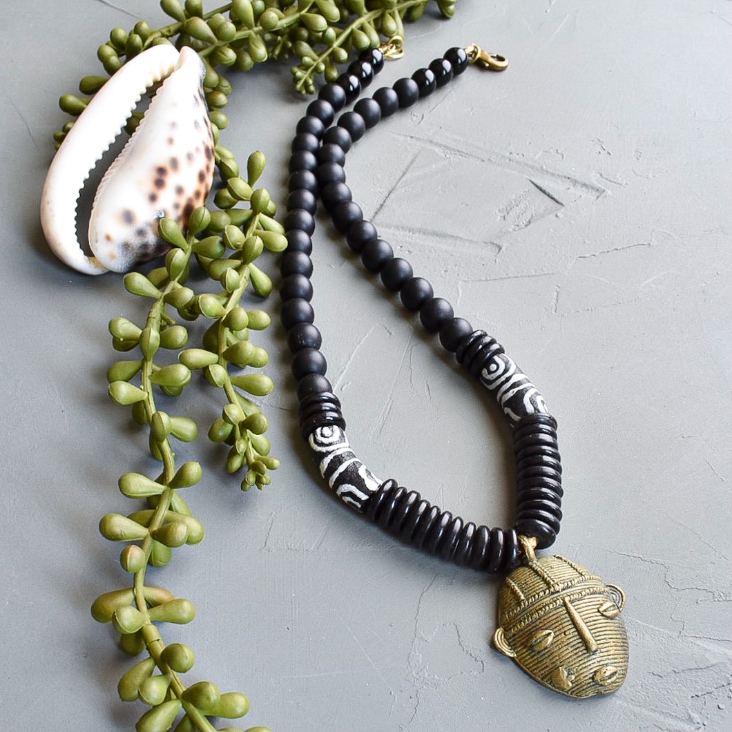 Black and White African Mask Necklace