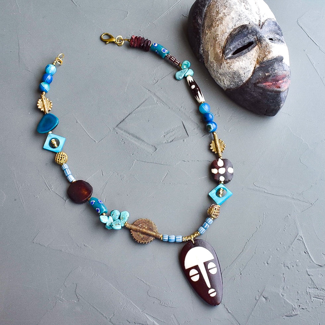 Blue Menagerie African Mask Necklace