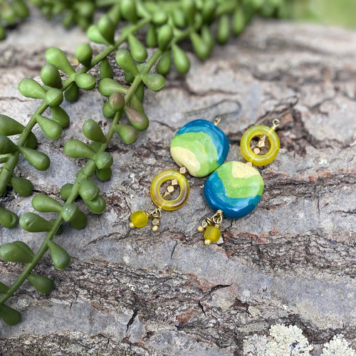 Yellow and Teal Kazuri Dangle Earrings