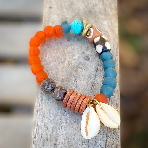 Orange Cowrie Joy African Beaded Bracelet