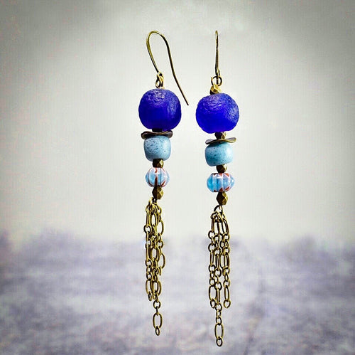 Long Blue Krobo Dangle Earrings - Afrocentric jewelry