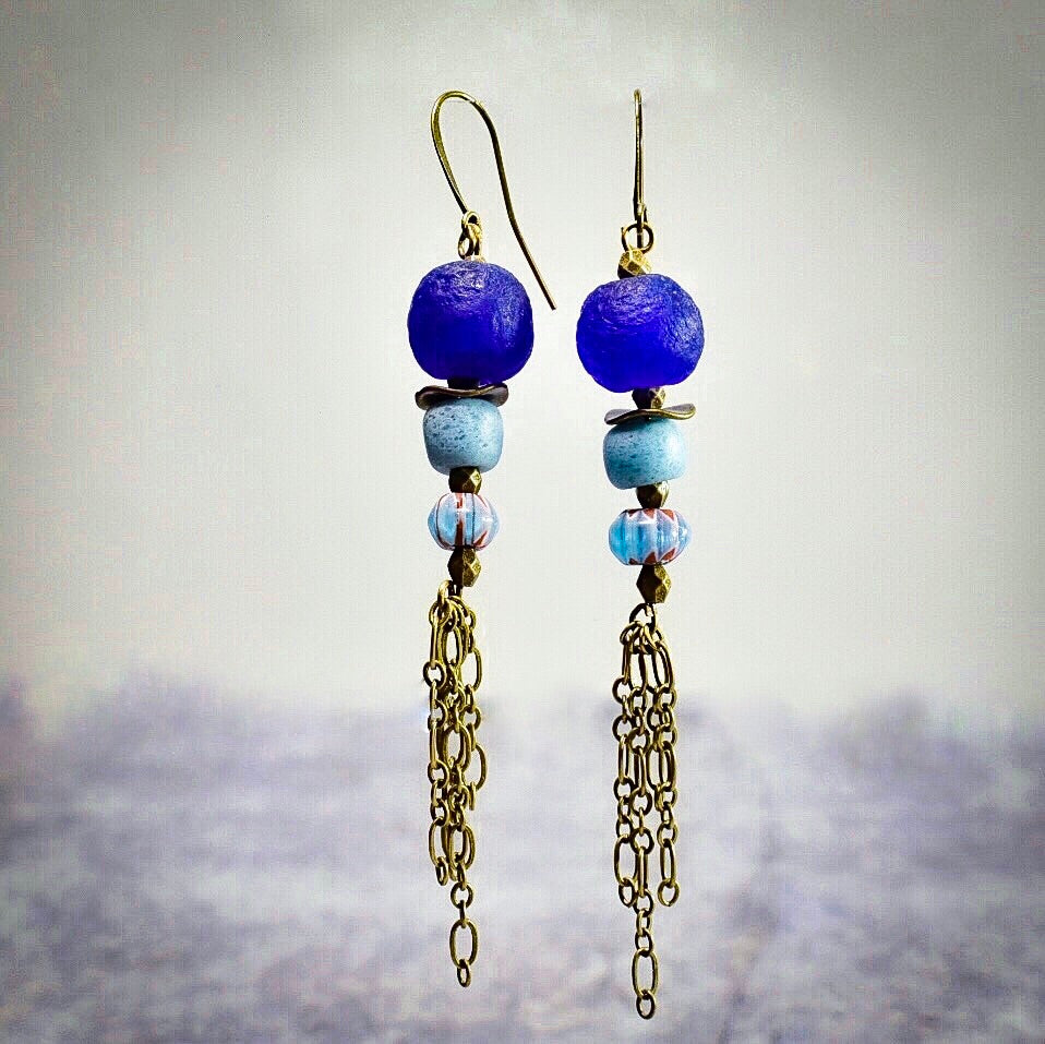 Long Blue Krobo Dangle Earrings - Afrocentric jewelry