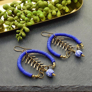 Blue Recycled Vinyl Fishbone Hoop Earrings