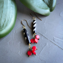 Load image into Gallery viewer, Black and Red Bubbles: Batik and Coral Drop Earrings