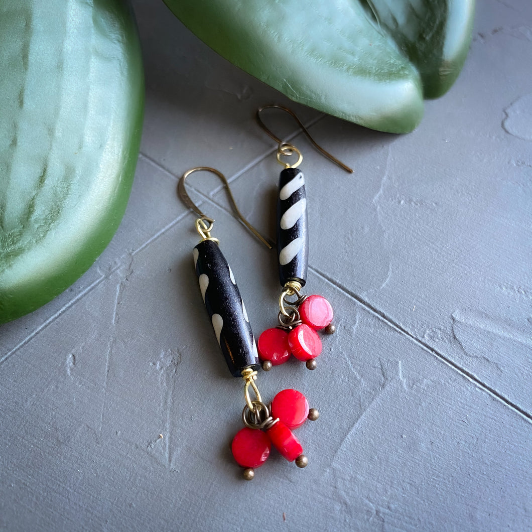 Black and Red Bubbles: Batik and Coral Drop Earrings