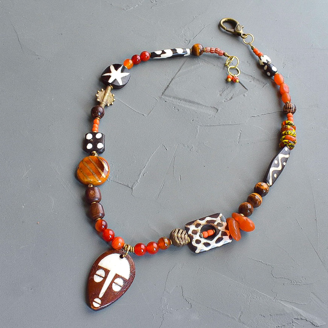 Orange Menagerie African Mask Necklace