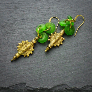 Green and Ashanti Brass Dangle Earrings - Afrocentric jewelry