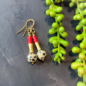 Dalmatian Jasper Temple Earrings with Red Vinyl  Dangle