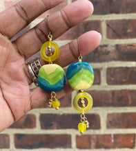 Load image into Gallery viewer, Yellow and Teal Kazuri Dangle Earrings
