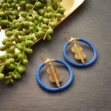 Load image into Gallery viewer, Blue Vinyl and Ashanti Brass Hoop Earrings - Afrocentric jewelry